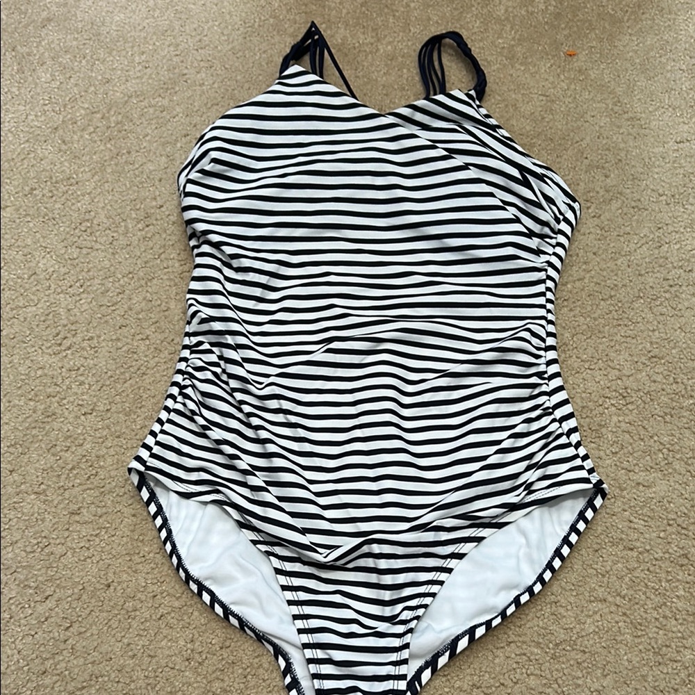 Women's Shirred Macrame Strap One Piece Swimsuit - Kona Sol Navy/White Stripe